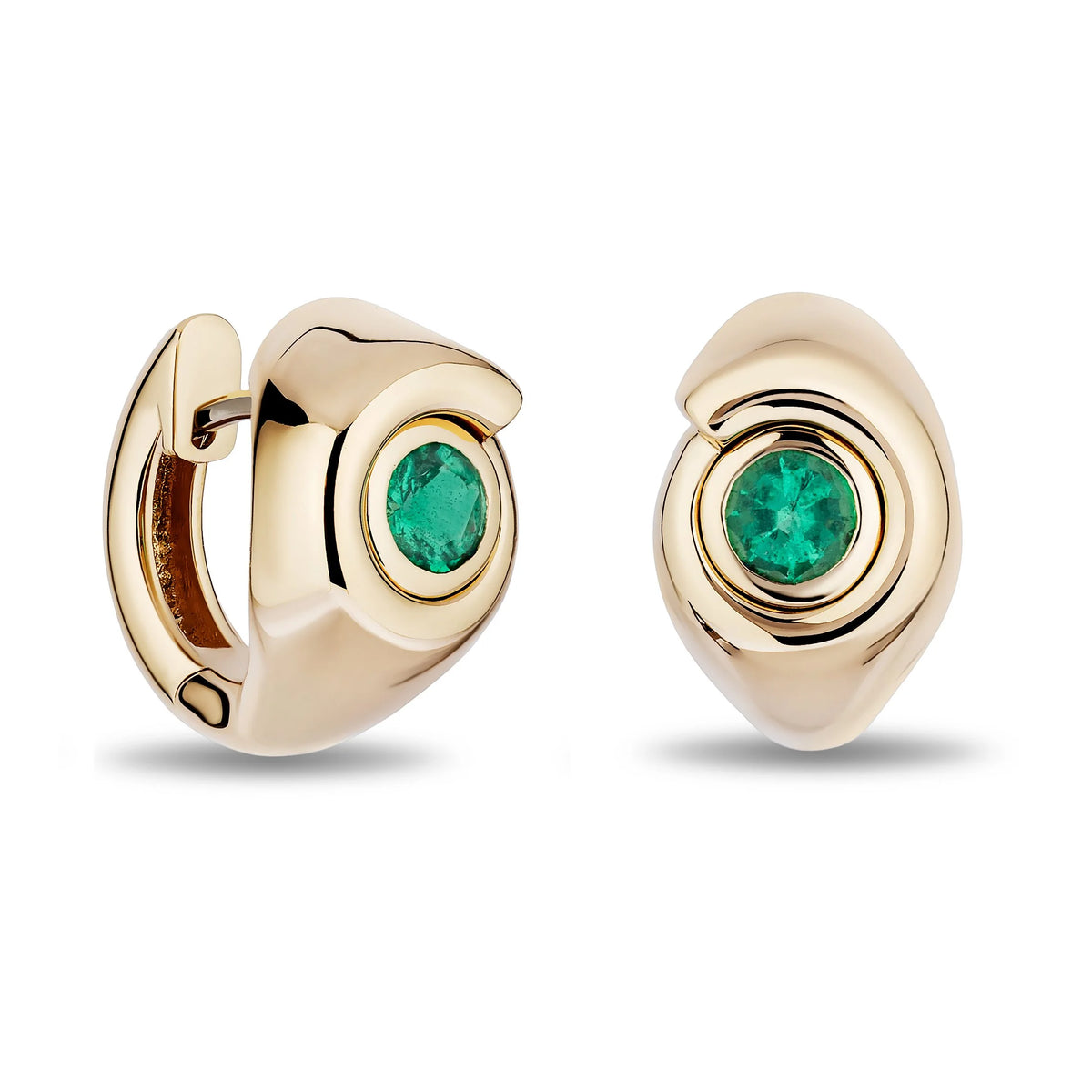 A pair of gold huggie hoop earrings with round green gemstone centers, shown from the front and side on a clean white background.