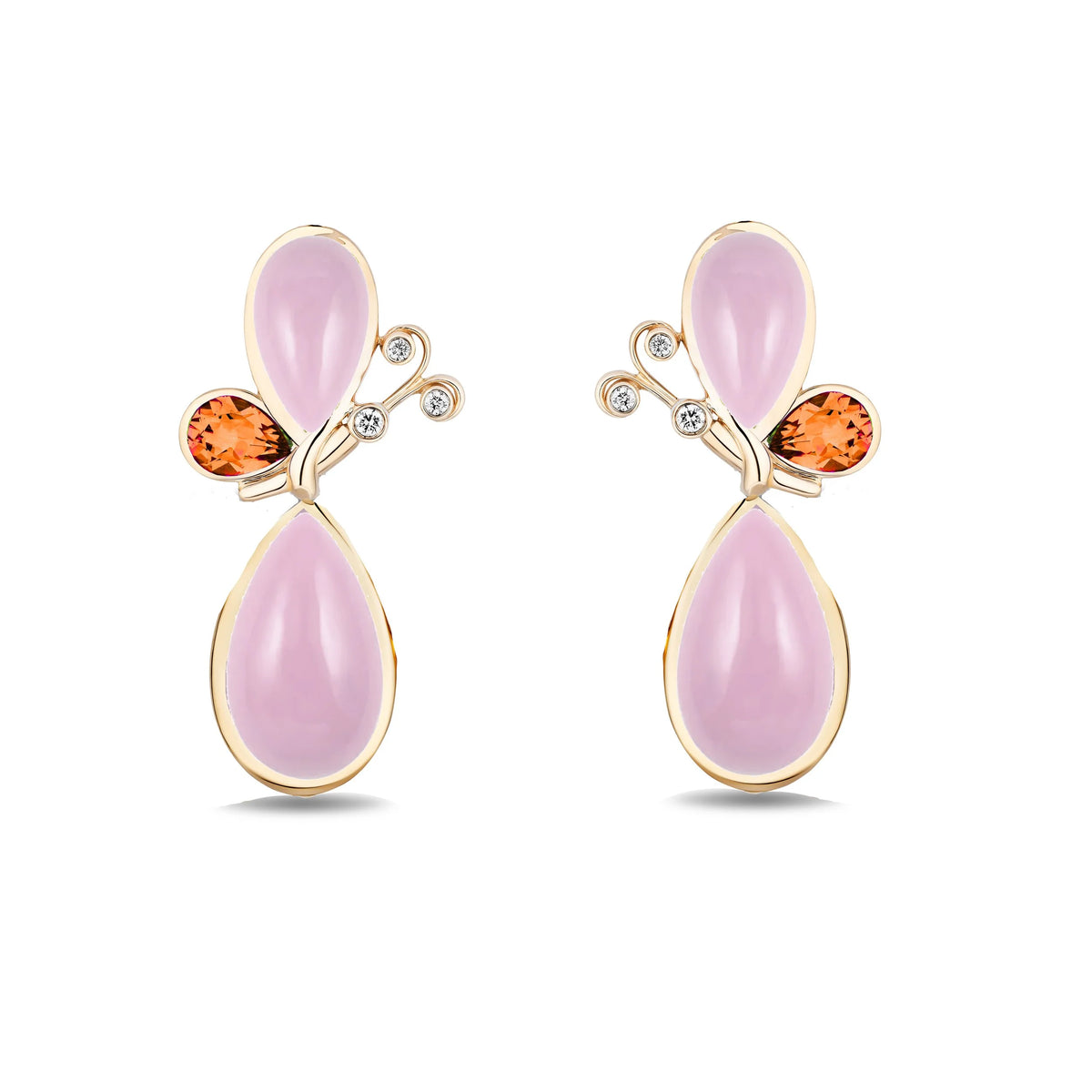 A pair of gold butterfly stud earrings featuring large light pink teardrop-shaped stones, a central gold bridge with two small clear round-cut stones, and orange oval accent stones, shown on a plain white background.