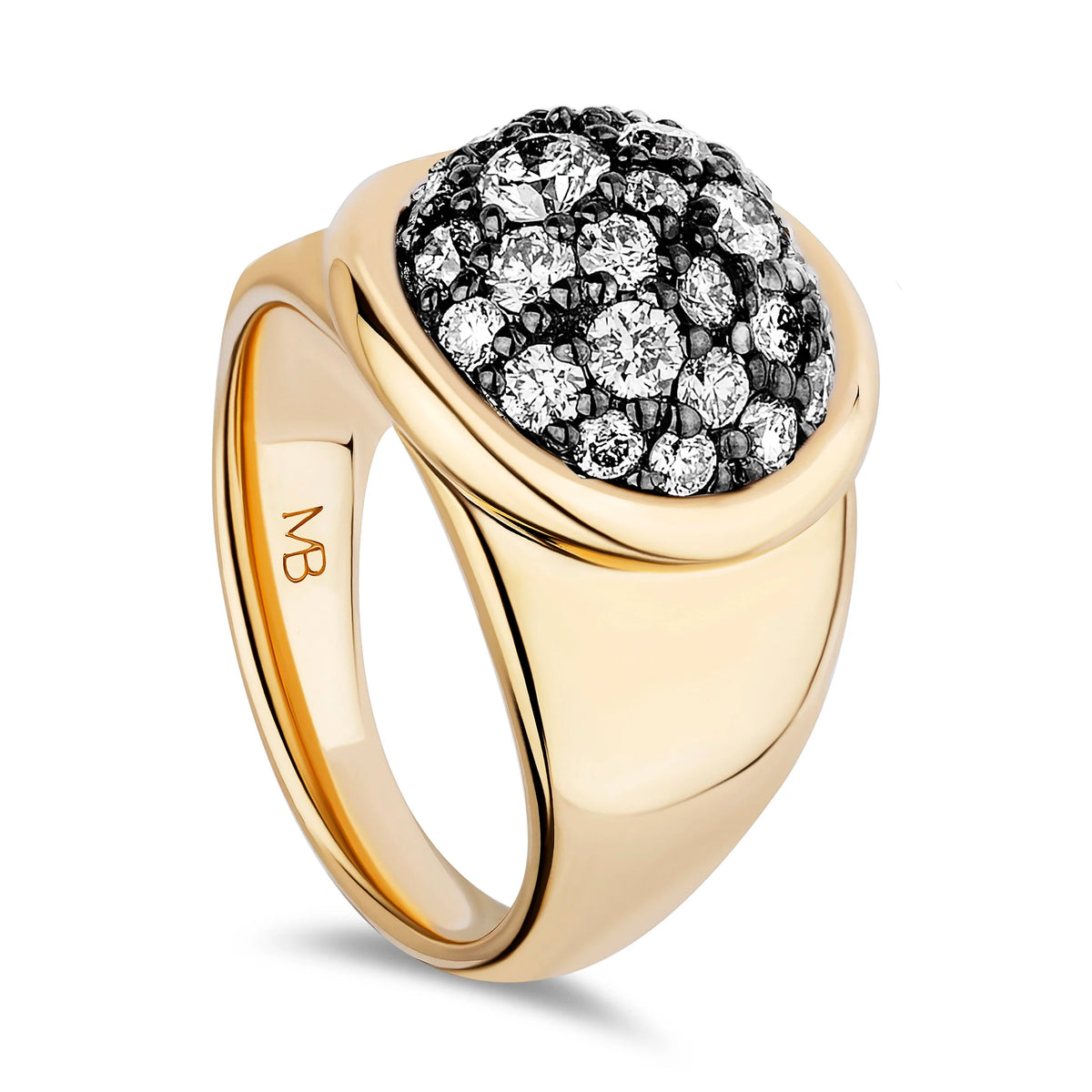 A yellow gold signet ring featuring a dome-shaped pavé setting filled with clear gemstones, shown on a clean white background. The inner band is engraved with the initials 'NB'.