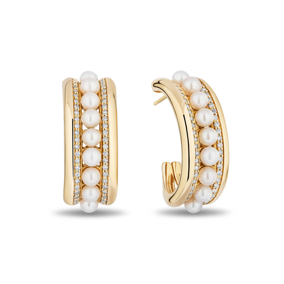 A pair of gold hoop earrings decorated with rows of white freshwater pearls and small clear pavé stones, shown on a clean white background.
