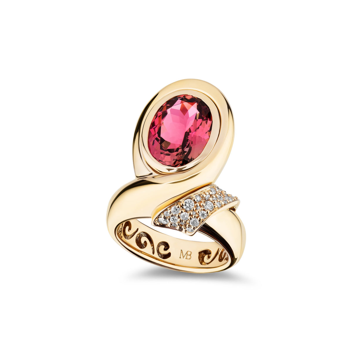 A gold ring featuring a large oval pink gemstone and a curved band with small clear stones, shown on a clean white background.