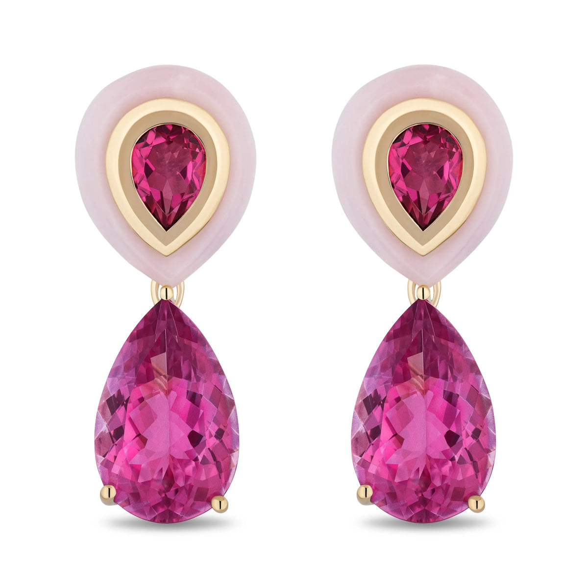 A pair of drop earrings featuring large, faceted pink teardrop-cut gemstones suspended below a circular gold and pale pink setting.