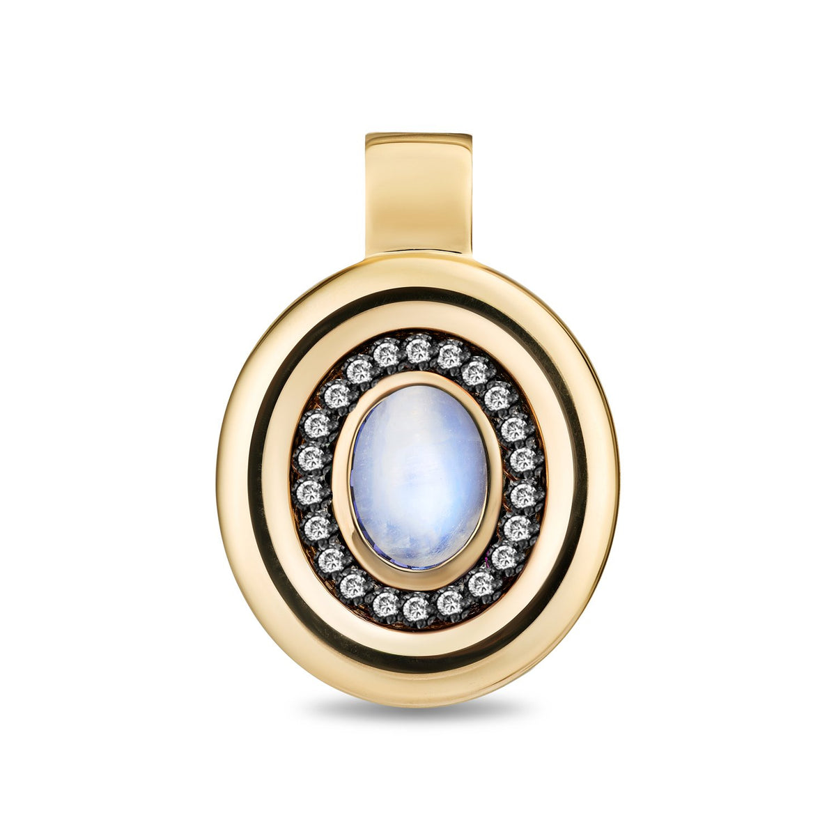 A gold oval pendant featuring a central oval moonstone with a halo of small diamonds, set against a plain white background.