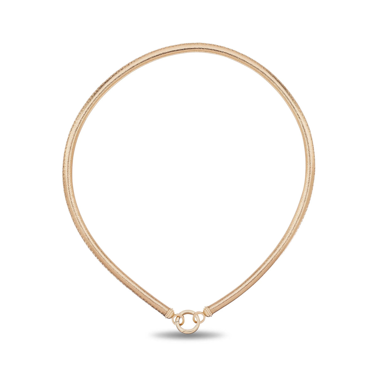 A delicate gold leather necklace with a small heart-shaped clasp, displayed on a clean white background.