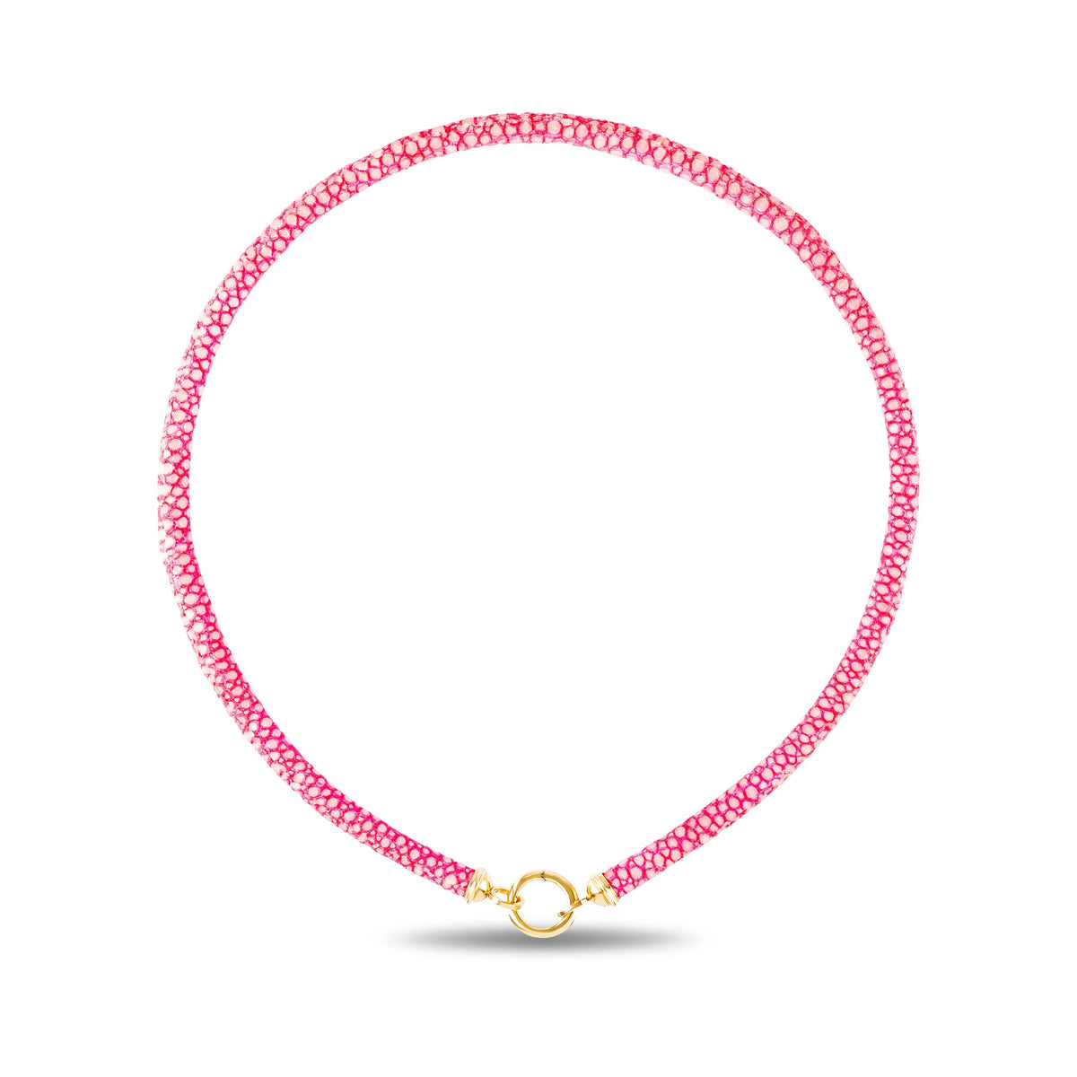 A pink sting ray leather necklace with a gold clasp, displayed on a clean white background.