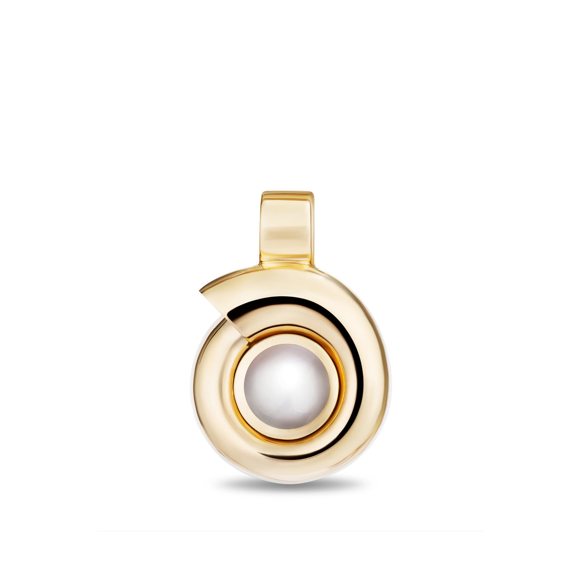 A gold spiral pendant featuring a central white pearl, shown on a clean white background.