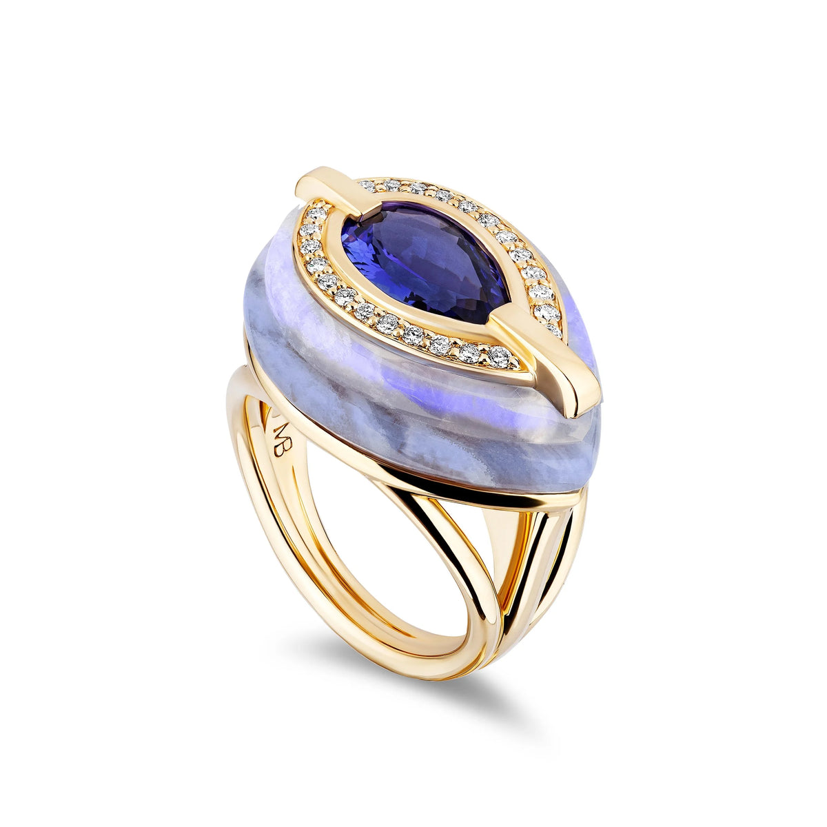 A gold ring featuring a teardrop-shaped cabochon blue sapphire gemstone, surrounded by a halo of small diamonds and a light blue and white marbled inlay, set on a polished gold band.