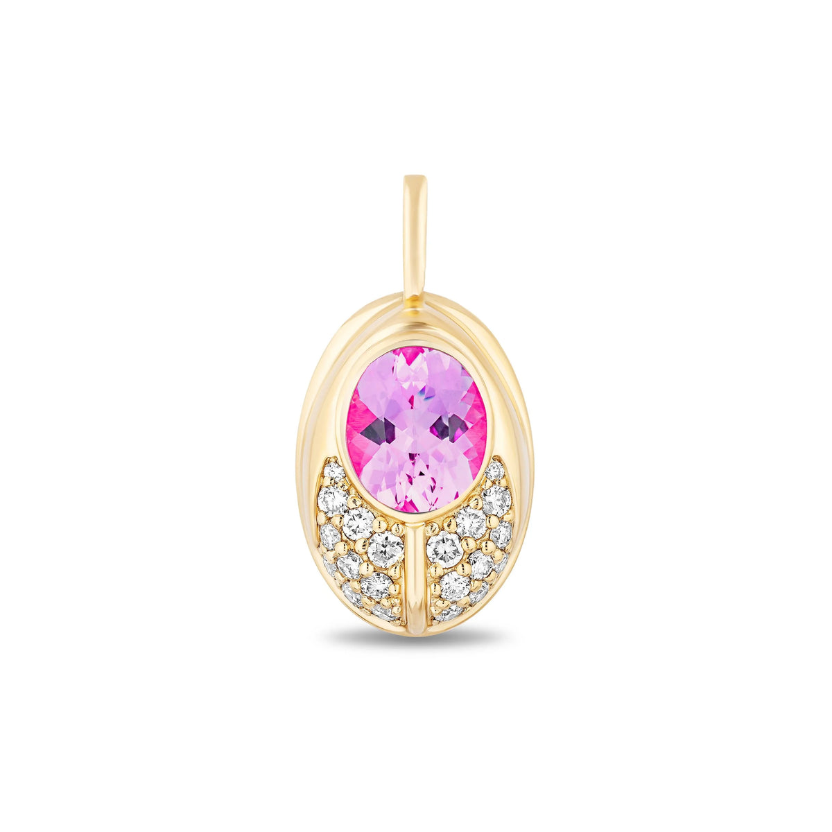 A gold lovebug pendant featuring a central oval pink gemstone surrounded by a halo of small clear diamonds, set against a plain white background.