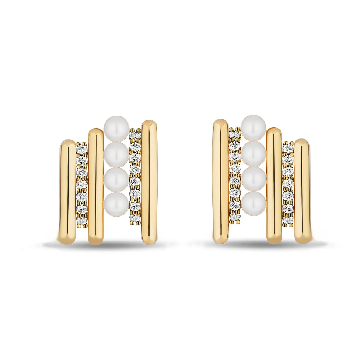 A pair of gold hoop earrings with white pearl clusters and rows of small diamonds, shown on a clean white background.