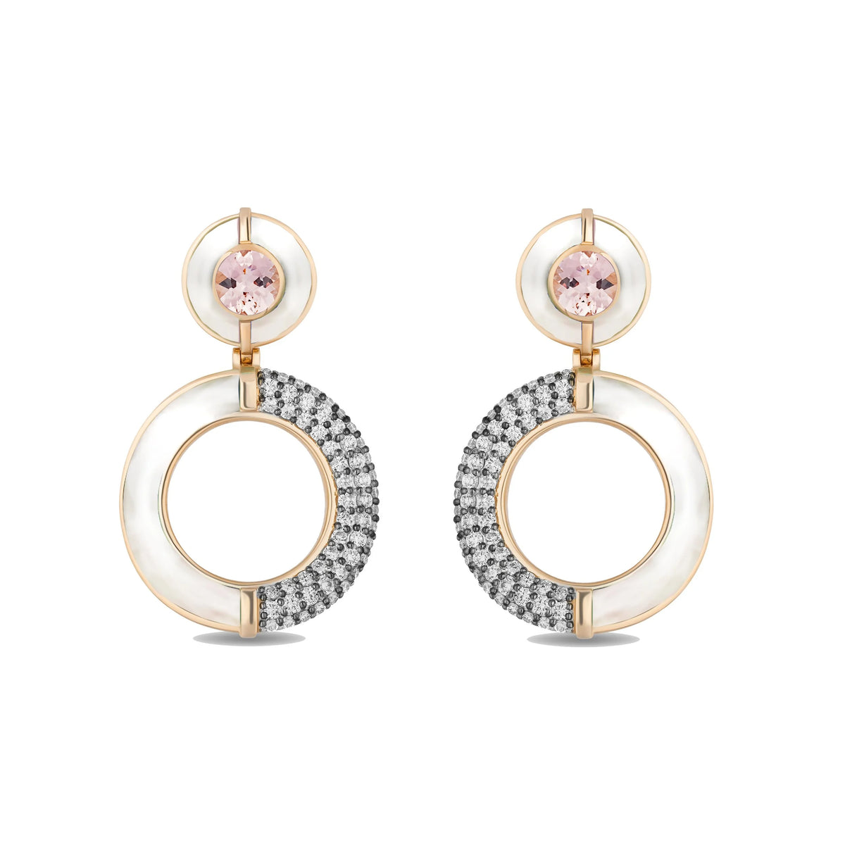 A pair of gold-tone drop earrings featuring a circular white mother of pearl disc, a row of pavé-set diamonds, and a small round pink gemstone at the top.