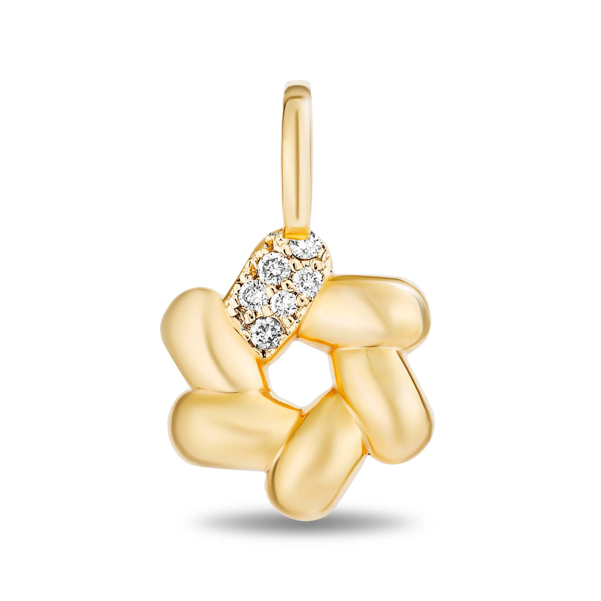A gold pendant charm shaped like a stylized flower or knot, featuring a small cluster of clear pavé stones on one side, shown on a clean white background.
