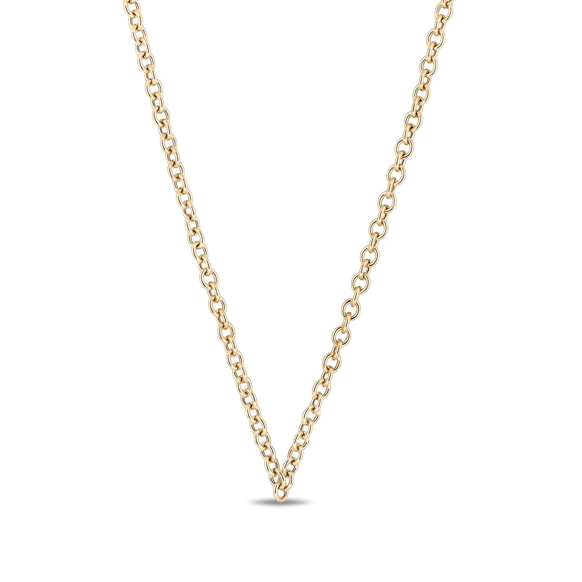 A delicate yellow gold chain necklace forming a V-shape, shown on a clean white background.