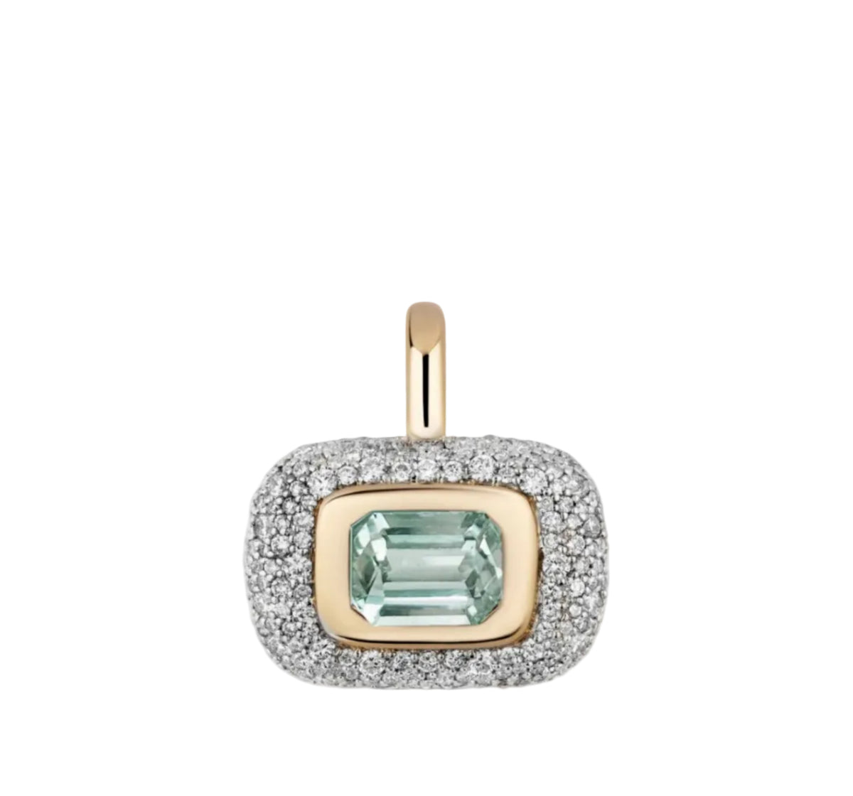 A rectangular pendant with a central Mint Tourmaline, surrounded by a halo of small pavé-set diamonds and a gold-tone inner border, with a polished gold-tone top loop, shown on a plain white background.