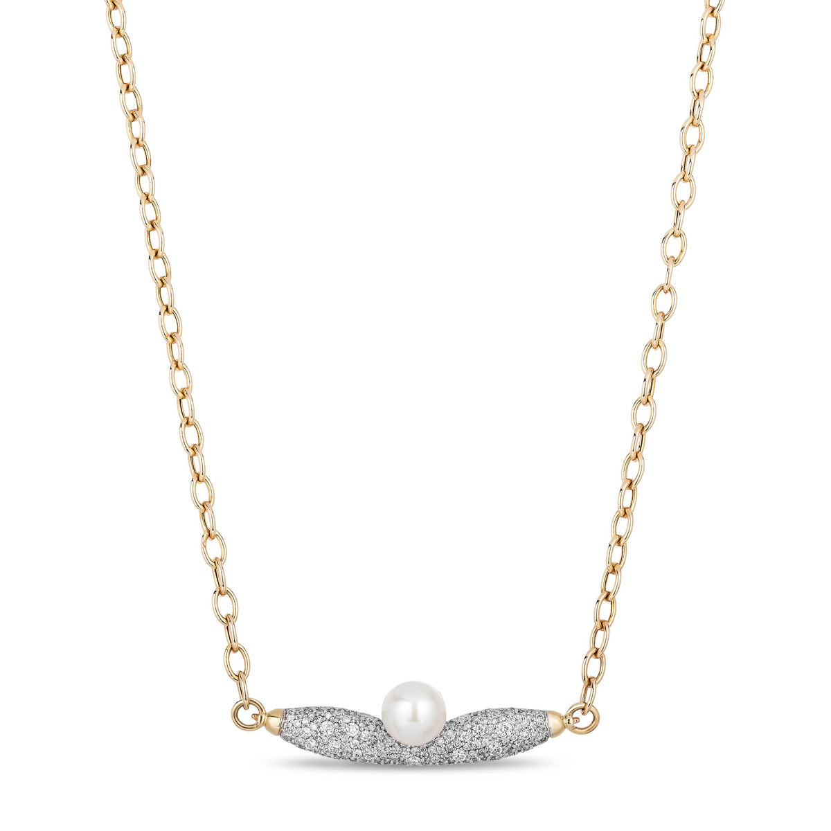 A delicate gold chain necklace featuring a curved bar pendant with a central white pearl and a diamond pavé-set white rhodium wing-like element, shown on a plain white background.