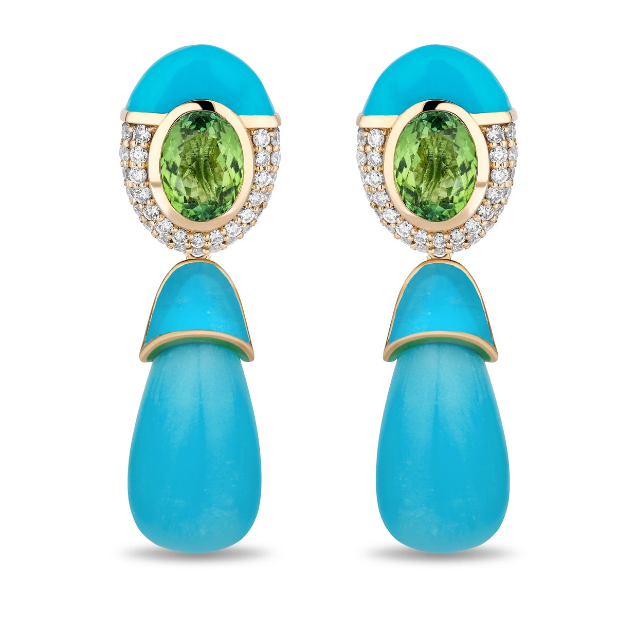 A pair of drop earrings featuring a vibrant turquoise cabochon, a bezel-set oval green peridot, and a halo of small clear pavé diamonds in yellow gold, with a larger teardrop-shaped turquoise drop hanging below.