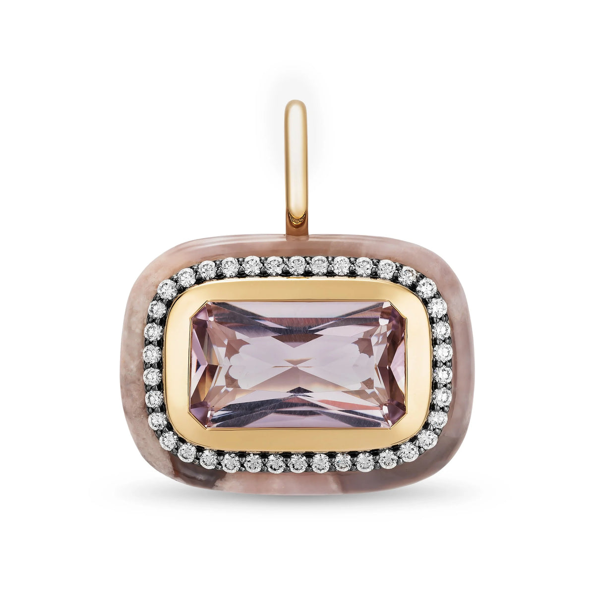 A rectangular pendant with a faceted lavender-pink central stone, surrounded by a halo of small diamonds and a gold-tone border, set in a rounded rose gold-toned frame with a matching bail, shown on a white background.