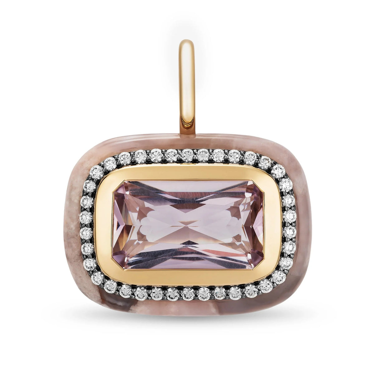 A rectangular pendant with a faceted lavender-pink central stone, surrounded by a halo of small diamonds and a gold-tone border, set in a rounded rose gold-toned frame with a matching bail, shown on a white background.