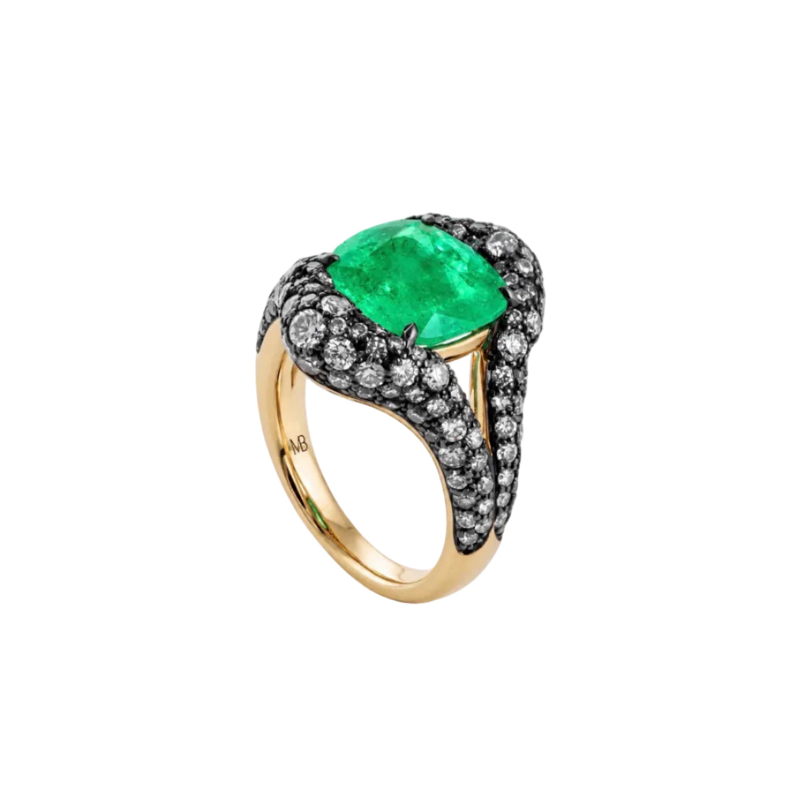 A yellow gold ring featuring a large cushion-cut green emerald gemstone, surrounded by pavé-set black and white diamonds on a clean white background.