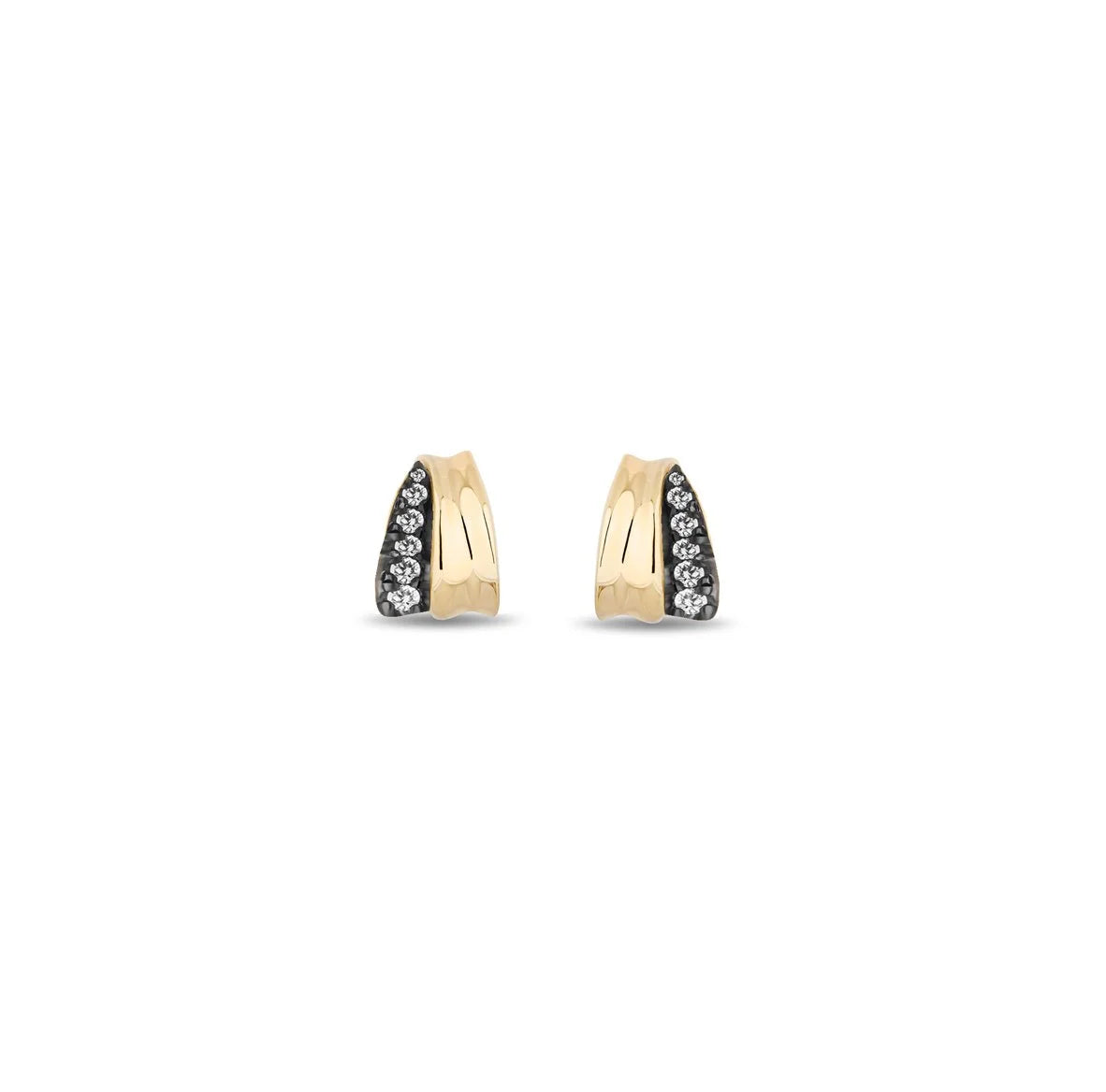 A pair of small gold huggie hoop earrings with a row of clear stones on one side, shown on a plain white background.