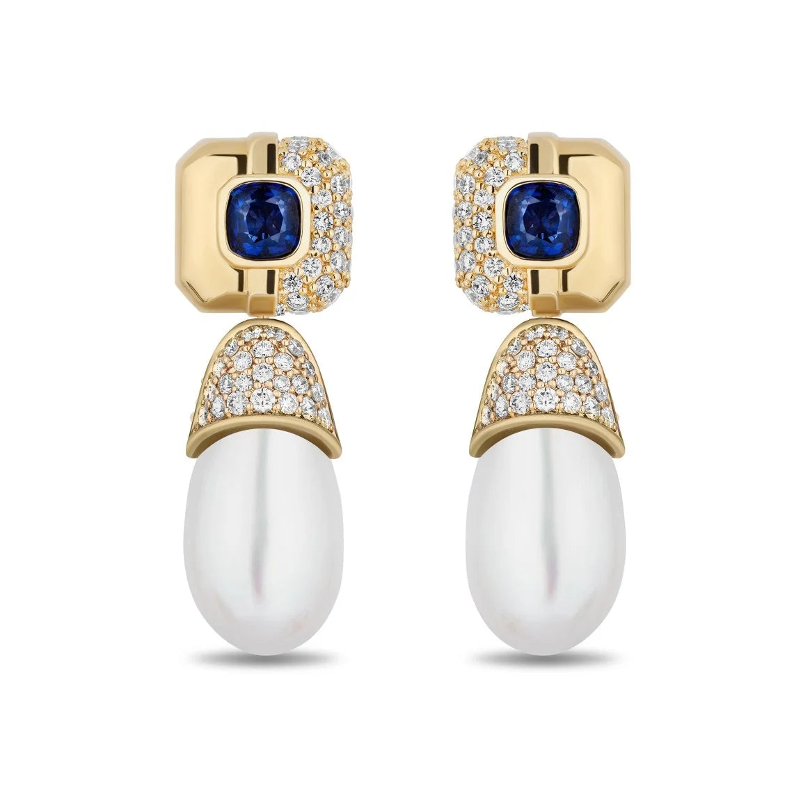 A pair of gold drop earrings featuring a central square-cut blue sapphire surrounded by pavé diamonds, with a curved pavé diamond section below and a large white pearl drop dangling at the bottom.
