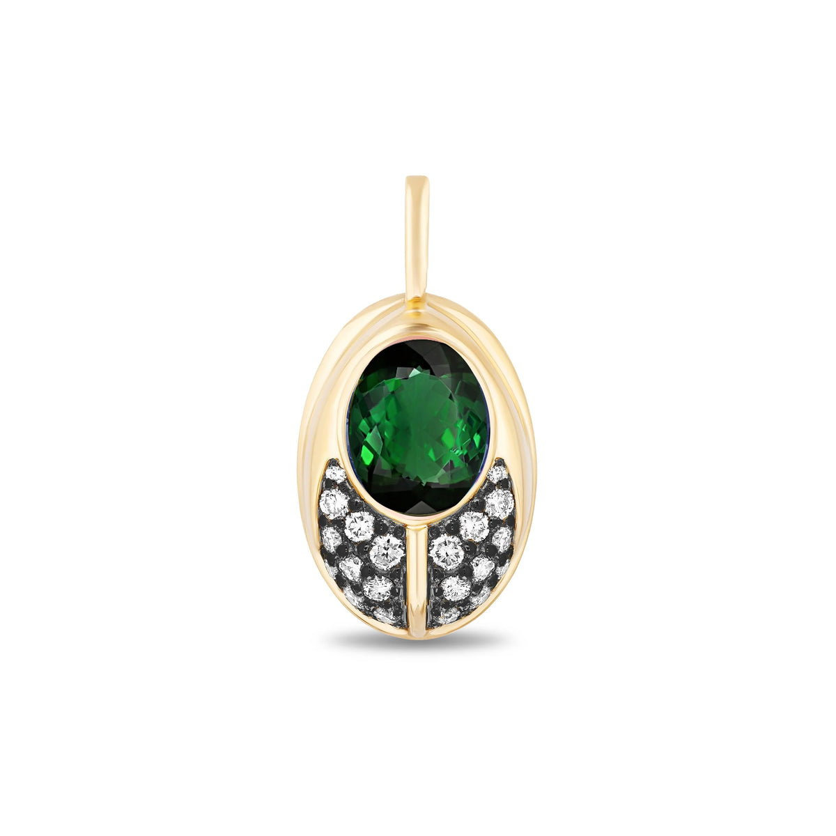 A gold lovebug pendant featuring a central round-cut green emerald-cut gemstone and a curved row of small pavé-set diamonds on one side, shown on a plain white background.