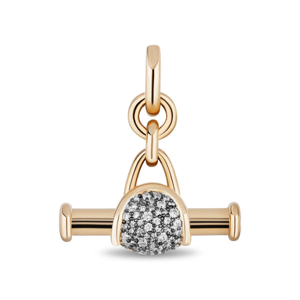 A gold charm bar pendant with a pavé diamond center, suspended from a gold ring and loop, set against a plain white background.