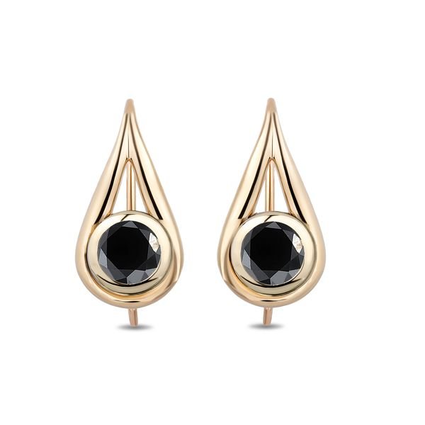 A pair of gold teardrop-shaped stud earrings with a central round black diamonds, shown on a plain white background.