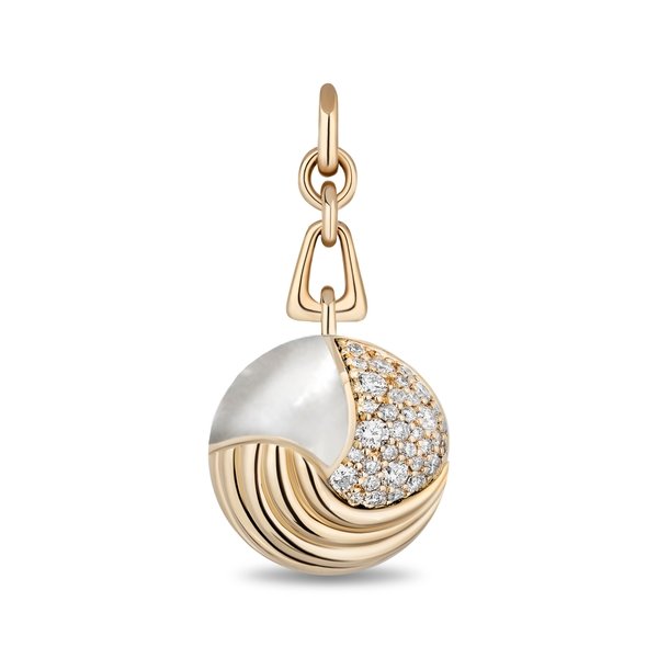 A gold and white mother-of-pearl crescent moon pendant charm with pavé-set clear stones, shown on a clean white background.