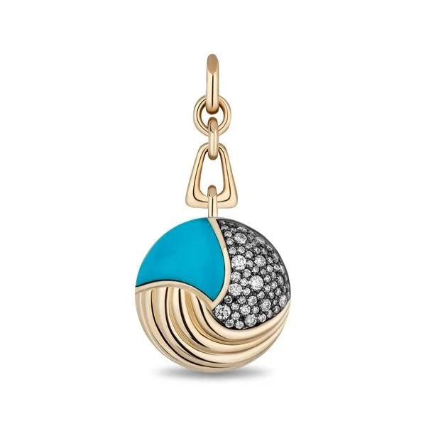 A gold pendant charm featuring a split design with a vibrant turquoise blue half and a pavé-set black and white half, suspended from a gold chain on a plain white background.