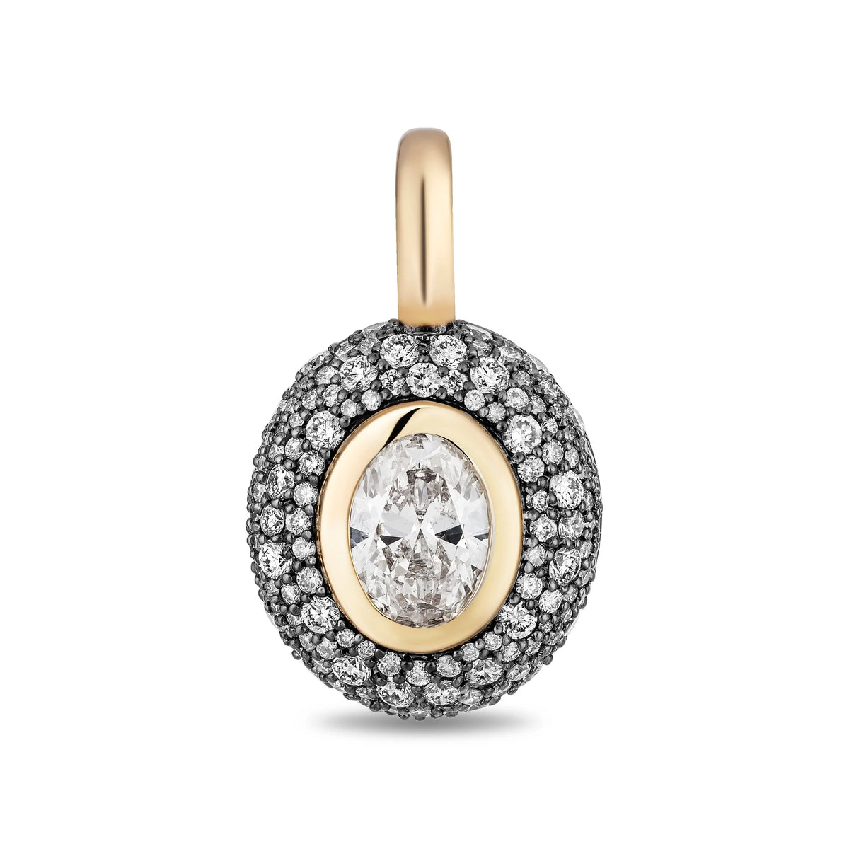 A yellow gold pendant featuring a central oval-cut diamond surrounded by a halo of smaller diamonds, all set in a round gold frame with a top bail, shown on a plain white background.