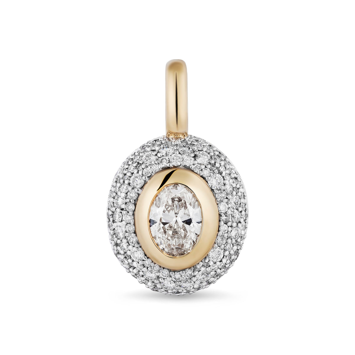 A round yellow gold pendant featuring a pavé-set halo of small diamonds surrounding an oval center diamond shown on a plain white background.