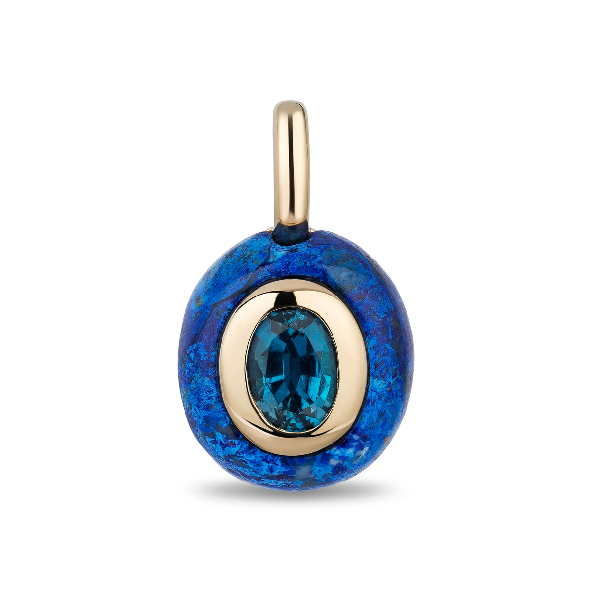 A oval blue azurite pendant with a central oval london blue topaz and a polished gold-tone setting and bail, shown on a clean white background.