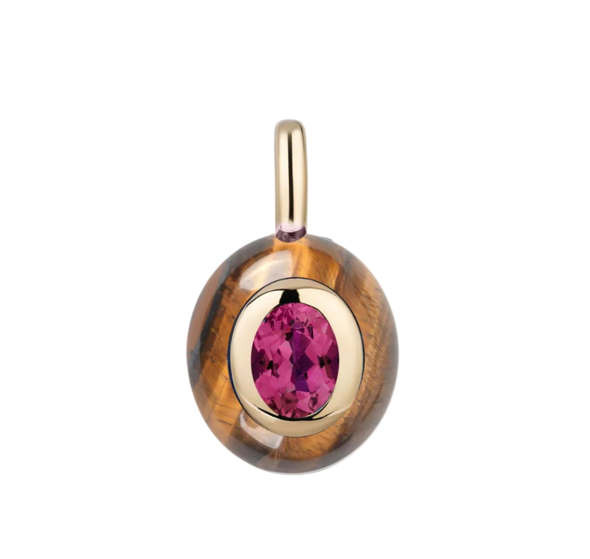 A round pendant featuring a pink oval gemstone in the center, surrounded by a gold bezel and set within a polished tiger's eye disc with a gold bail, on a white background.