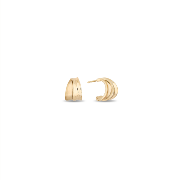 A pair of gold huggie hoop earrings shown from the side against a plain white background.