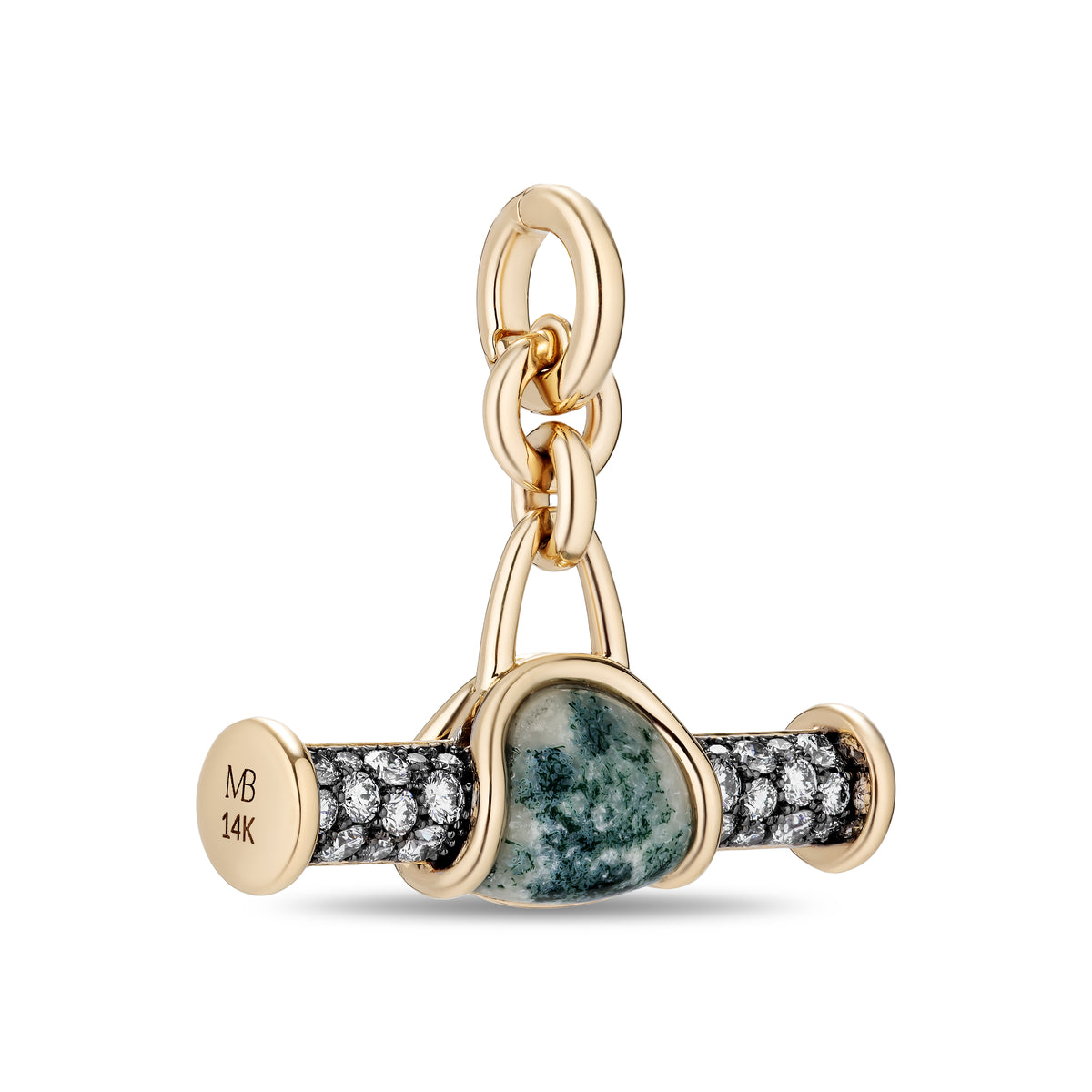 A gold pendant charm featuring a central green and gray banded stone, flanked by pavé-set clear stones on a gold bar, with a gold ring clasp at the top. The side of the gold end cap is engraved with 'M8 14K'.