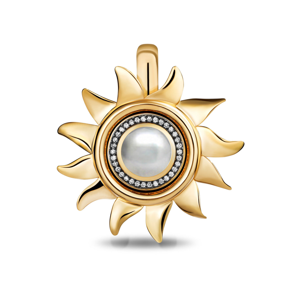 A gold sun pendant featuring a central white pearl surrounded by a halo of small clear stones, set against a plain white background.