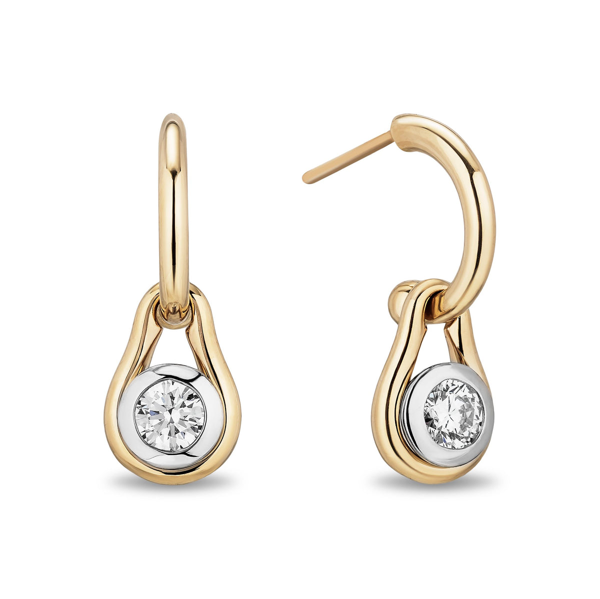 A pair of gold and white gold teardrop-shaped drop earrings with round-cut clear gemstones, shown on a plain white background.