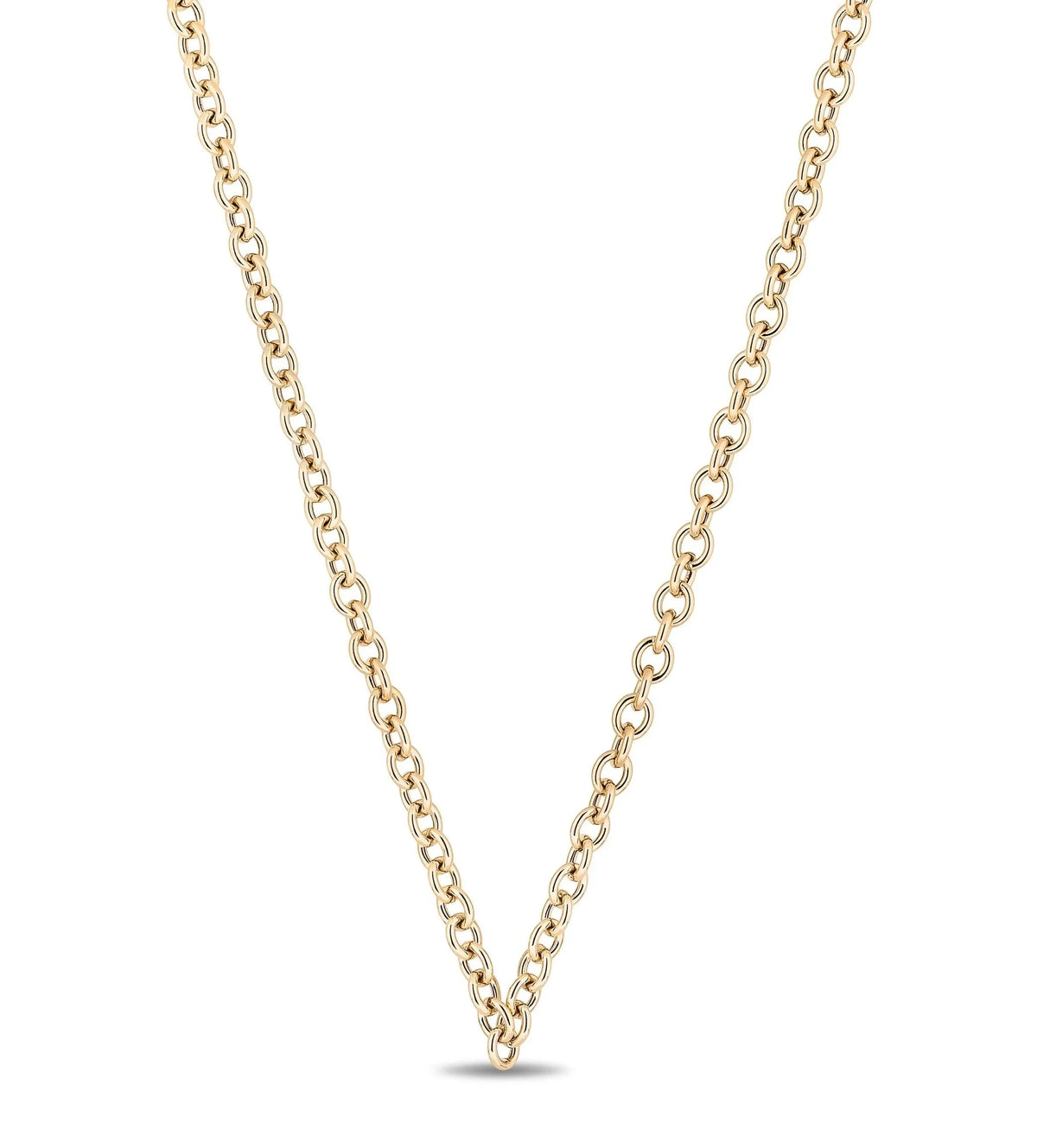 A delicate yellow gold chain necklace forming a V-shape, shown against a plain white background.