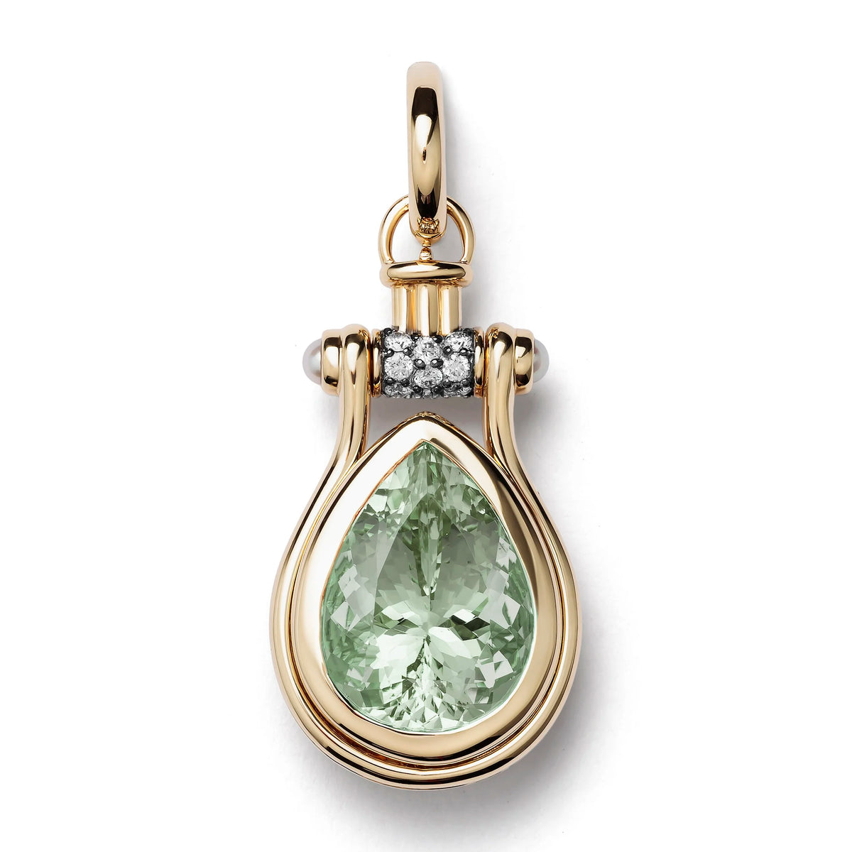 A gold pendant featuring a large pear-cut light green gemstone, accented by a small row of clear stones in a cylindrical setting, on a plain white background.