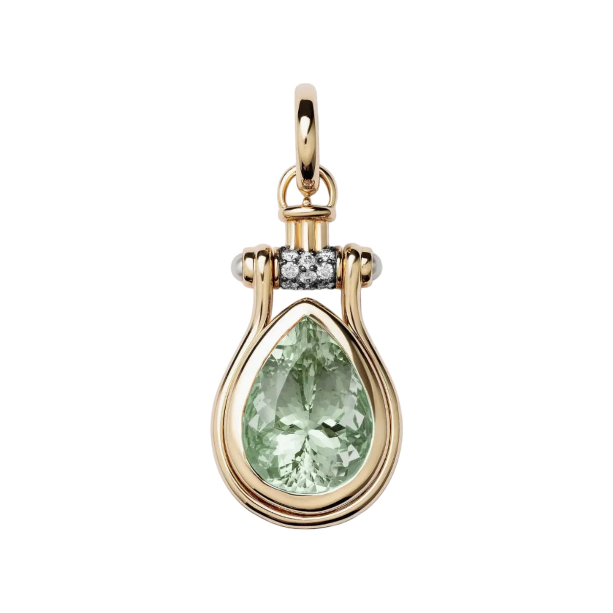 A gold pendant featuring a large pear-cut light green gemstone, accented by a small row of clear stones in a cylindrical setting, on a plain white background.