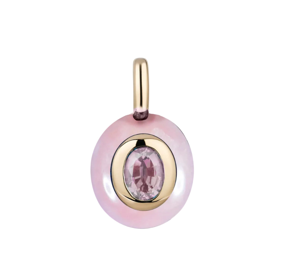 A oval pink opal pendant with a gold bezel setting and a central oval rose de france, suspended from a gold bail, shown on a white background.