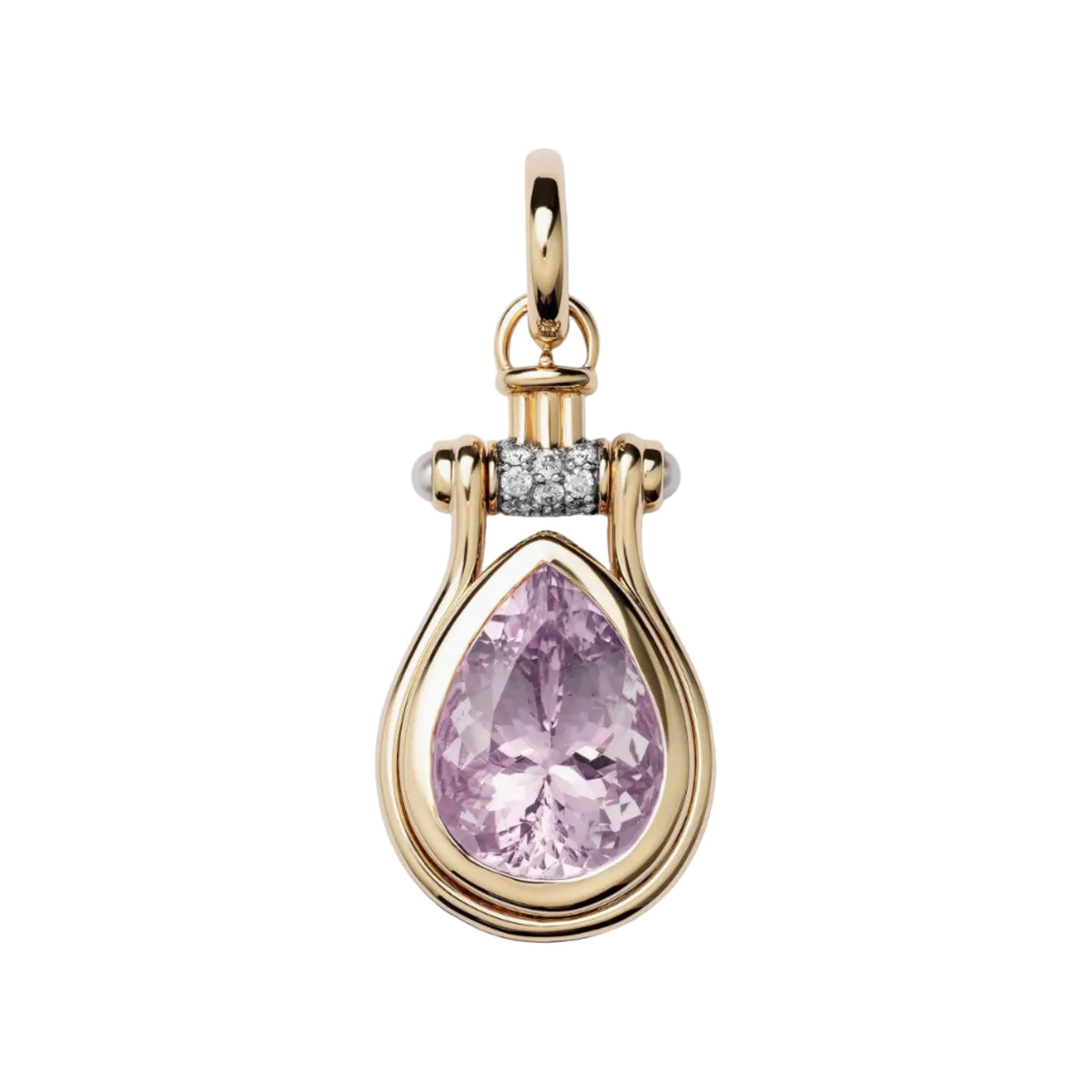A gold pendant featuring a teardrop-shaped light purple gemstone, accented by a small row of clear stones near the top, set against a plain white background.