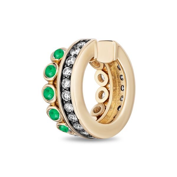 A gold huggie hoop charm featuring a row of green emerald-cut gemstones, a channel of clear round-cut stones, and a textured gold interior, shown on a white background.