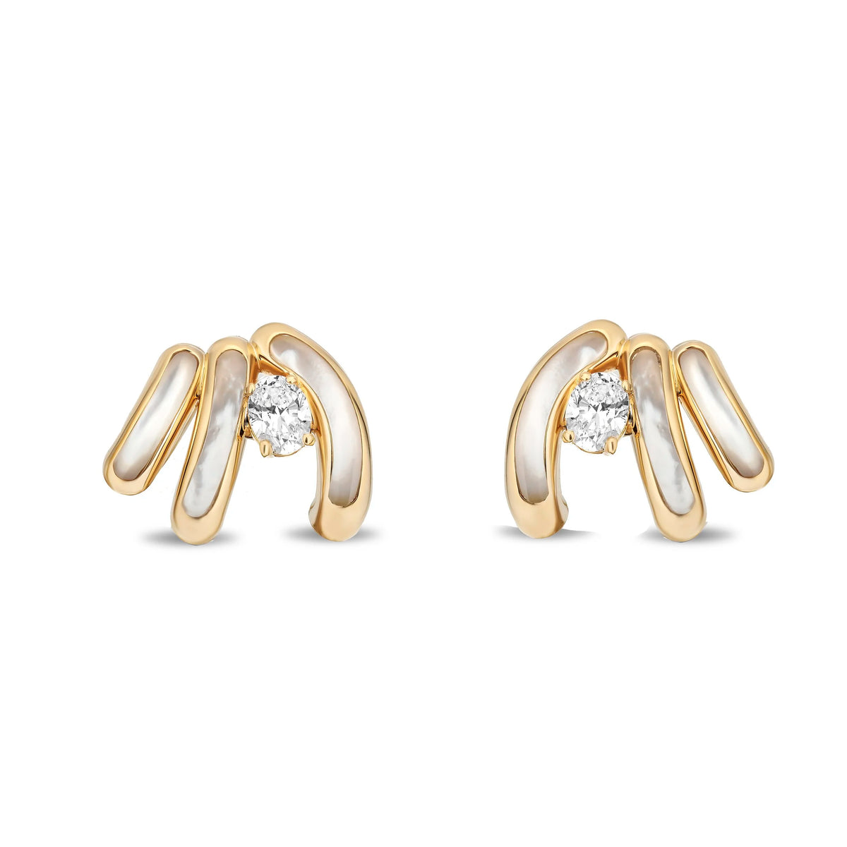 A pair of gold and white mother-of-pearl stud earrings, each featuring a central clear round-cut gemstone, shown on a plain white background.