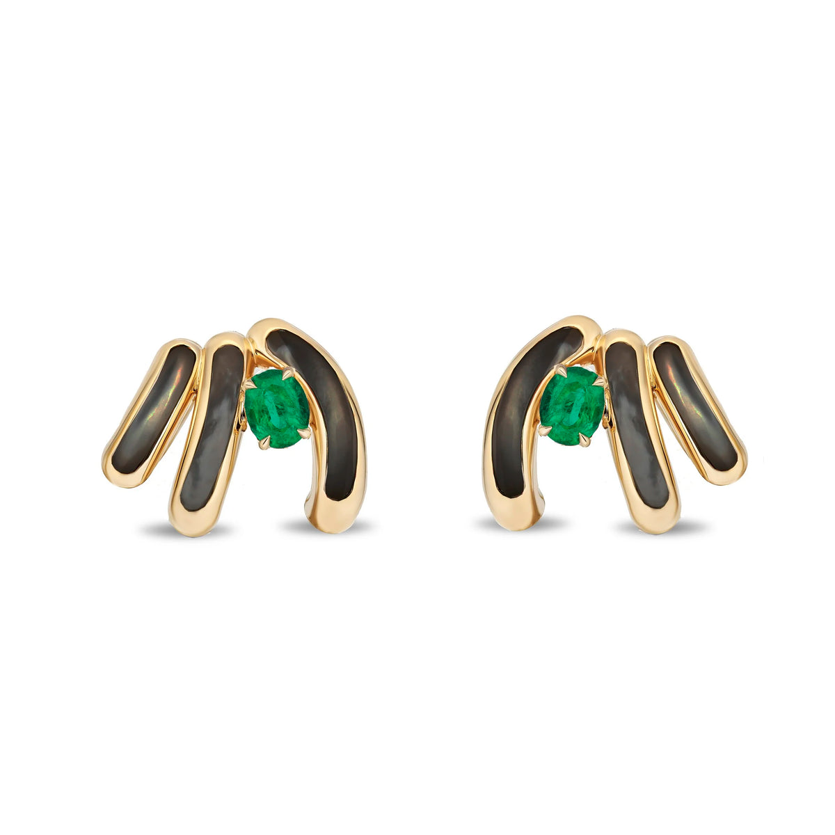 A pair of gold and black mother of pearl earrings with a small round green gemstone in the center of each earring, shown on a plain white background.