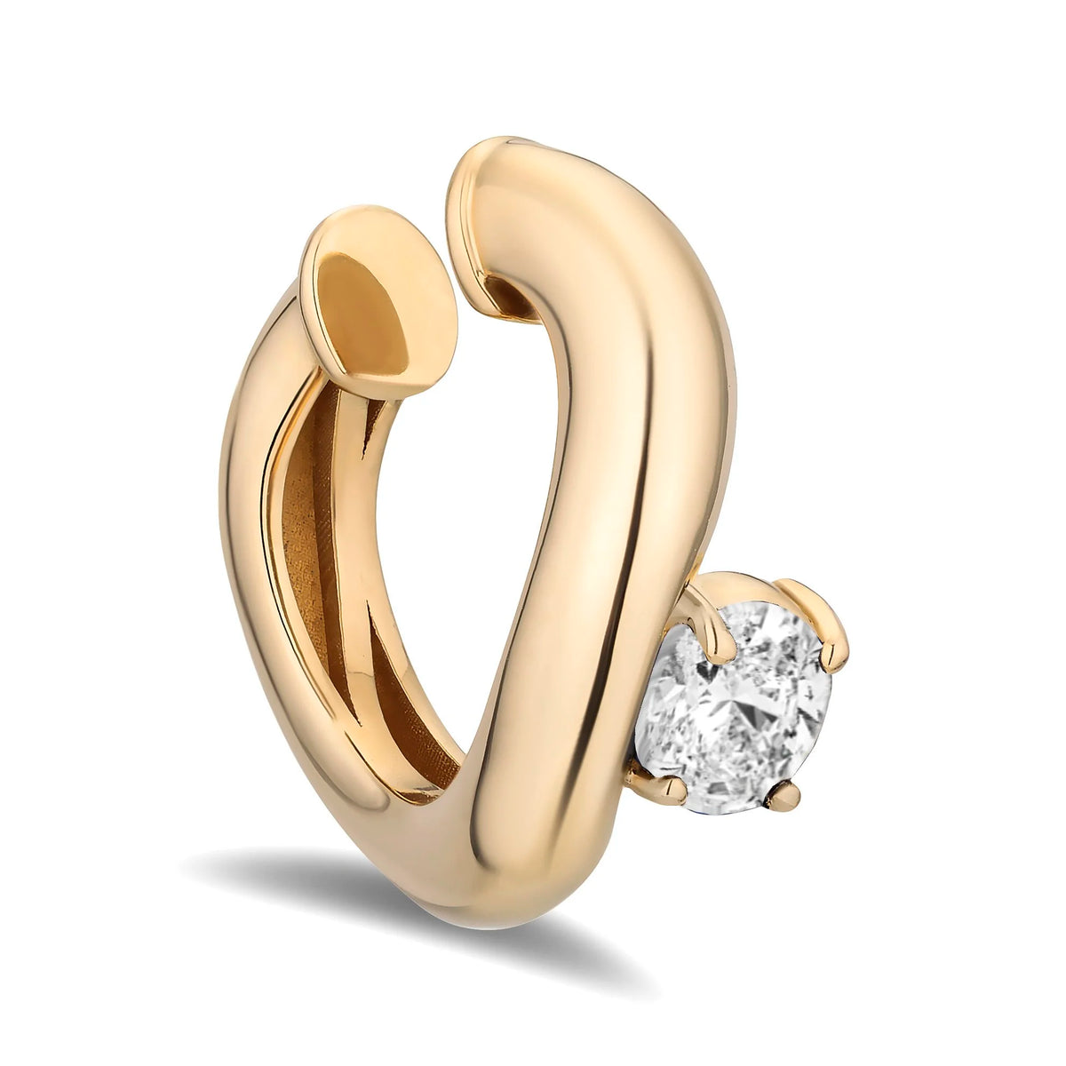 A polished yellow gold huggie hoop earring featuring a round brilliant-cut diamond set in a four-prong setting, shown on a clean white background with a soft shadow.