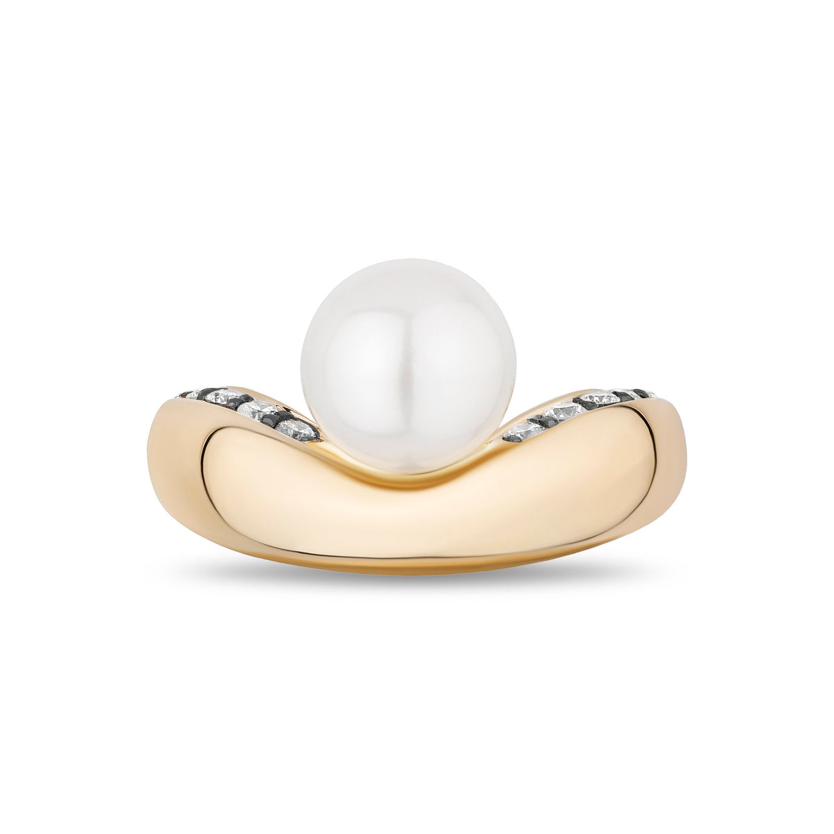 A yellow gold ring featuring a large, round white pearl nestled in a curved setting accented with small clear stones, shown on a plain white background.