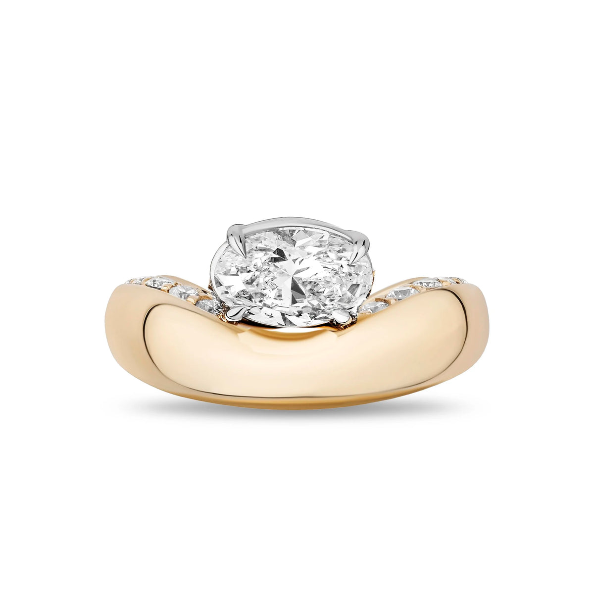 A yellow gold and white gold engagement ring featuring a large oval-cut diamond center stone with smaller accent diamonds along the band, set against a plain white background.