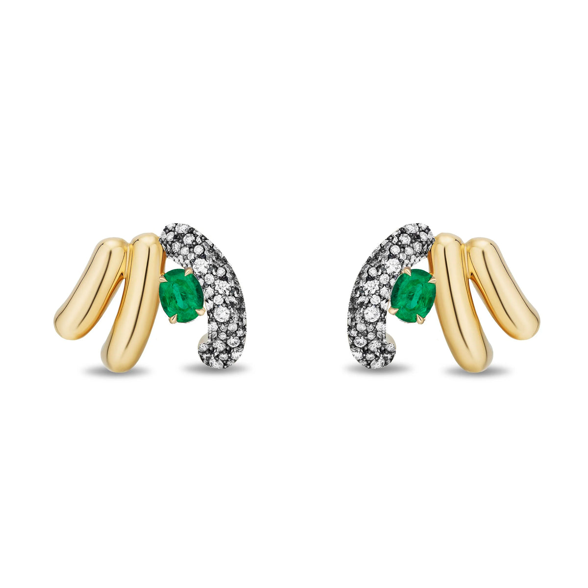 A pair of gold and diamond stud earrings with oval green emerald-cut center stones, shown on a plain white background.