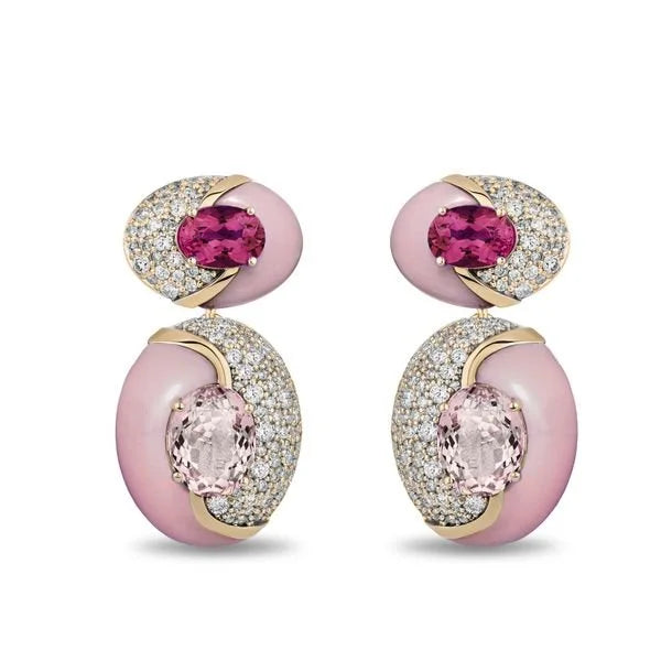 A pair of gold drop earrings featuring oval pink opal elements, pavé-set diamonds, and central pink gemstones on a white background.